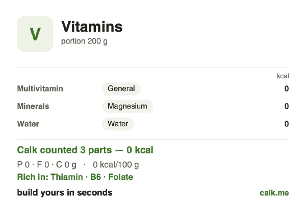Lower calorie Calk card for Vitamins: 0 kcal/day, protein/fat/carbs 0/0/0