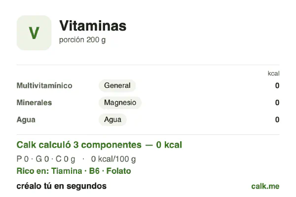 Tarjeta de Calk, versión menos calórica de Vitaminas: 0 kcal/día, proteínas/grasas/carbohidratos 0/0/0