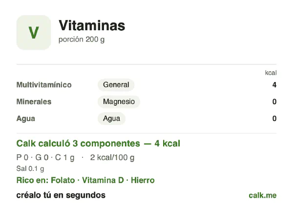 Tarjeta de Calk, versión menos calórica de Vitaminas: 4 kcal/día, proteínas/grasas/carbohidratos 11/9/80