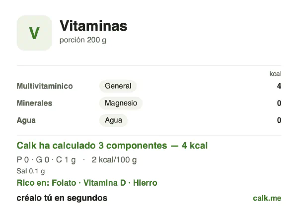 Ficha de Calk, versión menos calórica de Vitaminas: 4 kcal/día, proteínas/grasas/hidratos 11/9/80