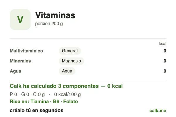 Ficha de Calk, versión menos calórica de Vitaminas: 0 kcal/día, proteínas/grasas/hidratos 0/0/0