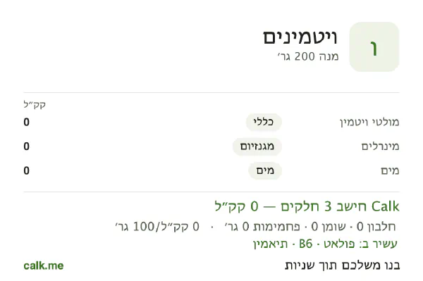 ויטמינים ב־Calk, עם פחות קלוריות: 0 קק״ל/יום, חלבון/שומן/פחמימות 0/0/0