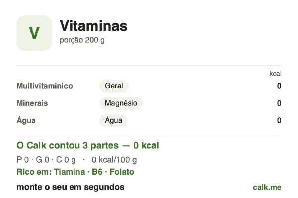 Cartão do Calk para a versão menos calórica de Vitaminas: 0 kcal/dia, proteína/gordura/carboidratos 0/0/0