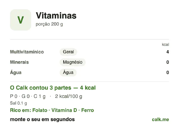 Cartão do Calk para a versão menos calórica de Vitaminas: 4 kcal/dia, proteína/gordura/carboidratos 11/9/80