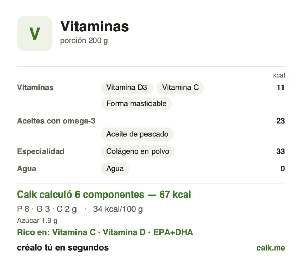 Tarjeta de Calk, versión más calórica de Vitaminas: 67 kcal/día, proteínas/grasas/carbohidratos 50/35/15