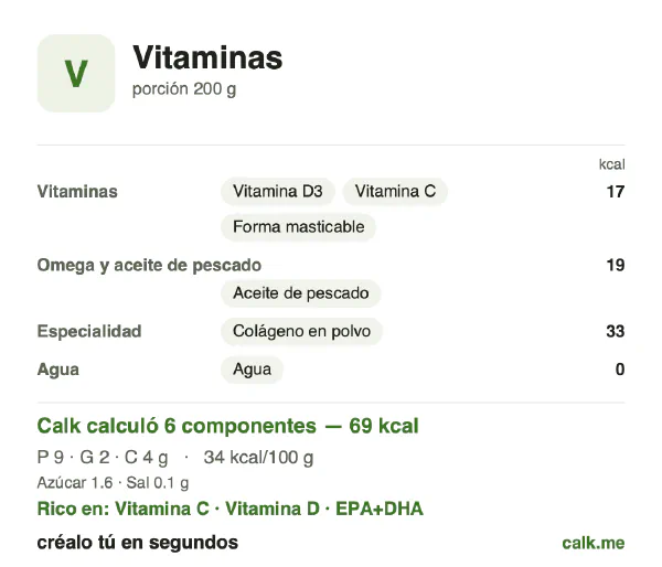 Tarjeta de Calk, versión más calórica de Vitaminas: 69 kcal/día, proteínas/grasas/carbohidratos 52/27/22