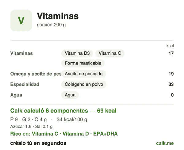 Tarjeta de Calk, versión más calórica de Vitaminas: 69 kcal/día, proteínas/grasas/carbohidratos 52/27/22