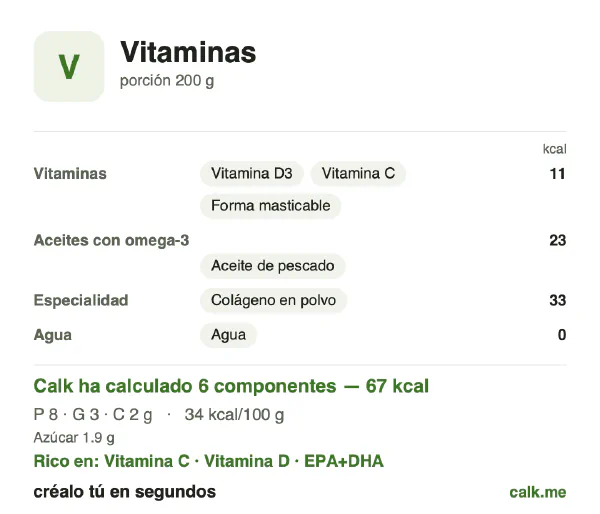 Ficha de Calk, versión más calórica de Vitaminas: 67 kcal/día, proteínas/grasas/hidratos 50/35/15
