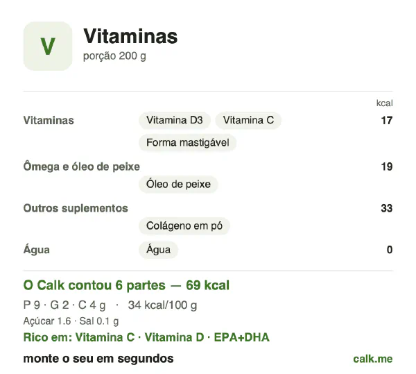 Cartão do Calk para a versão mais calórica de Vitaminas: 69 kcal/dia, proteína/gordura/carboidratos 52/27/22