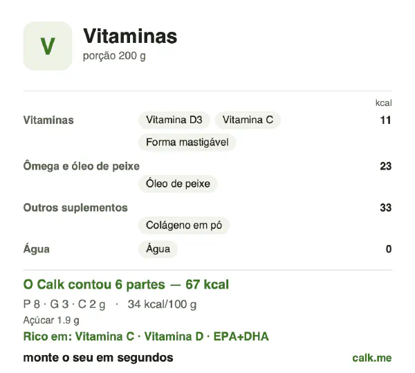 Cartão do Calk para a versão mais calórica de Vitaminas: 67 kcal/dia, proteína/gordura/carboidratos 50/35/15