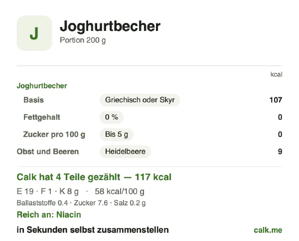 Calk-Karte für die kalorienärmere Variante von Joghurtbecher: 58 kcal pro 100 g, Eiweiß/Fett/Kohlenhydrate 65/6/29
