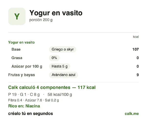 Tarjeta de Calk, versión menos calórica de Yogur en vasito: 58 kcal por 100 g, proteínas/grasas/carbohidratos 65/6/29