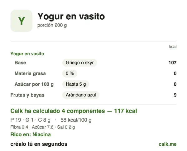 Ficha de Calk, versión menos calórica de Yogur en vasito: 58 kcal por 100 g, proteínas/grasas/hidratos 65/6/29