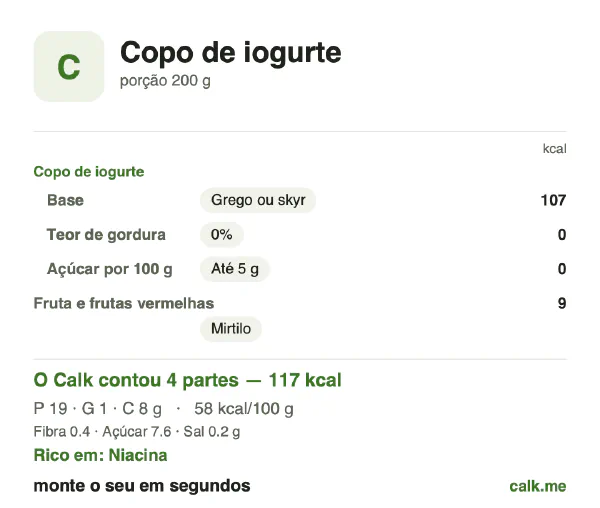 Cartão do Calk para a versão menos calórica de Copo de iogurte: 58 kcal por 100 g, proteína/gordura/carboidratos 65/6/29