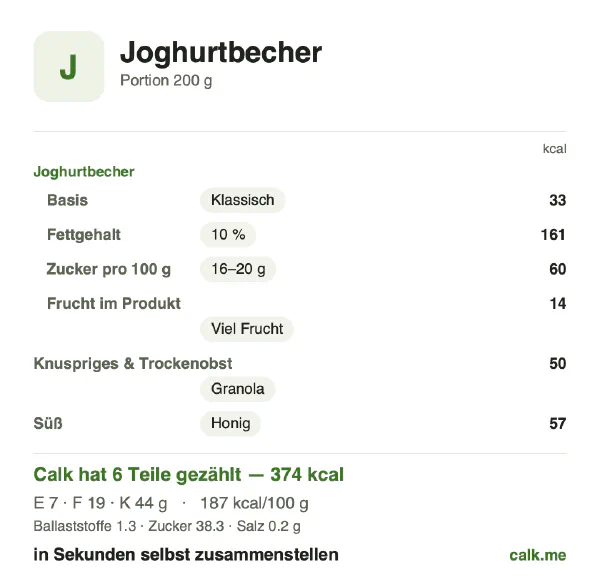 Calk-Karte für die kalorienreichere Variante von Joghurtbecher: 187 kcal pro 100 g, Eiweiß/Fett/Kohlenhydrate 7/46/47