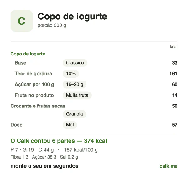 Cartão do Calk para a versão mais calórica de Copo de iogurte: 187 kcal por 100 g, proteína/gordura/carboidratos 7/46/47