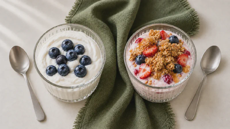 Yogurt cup: lower- and higher-calorie Calk versions side by side