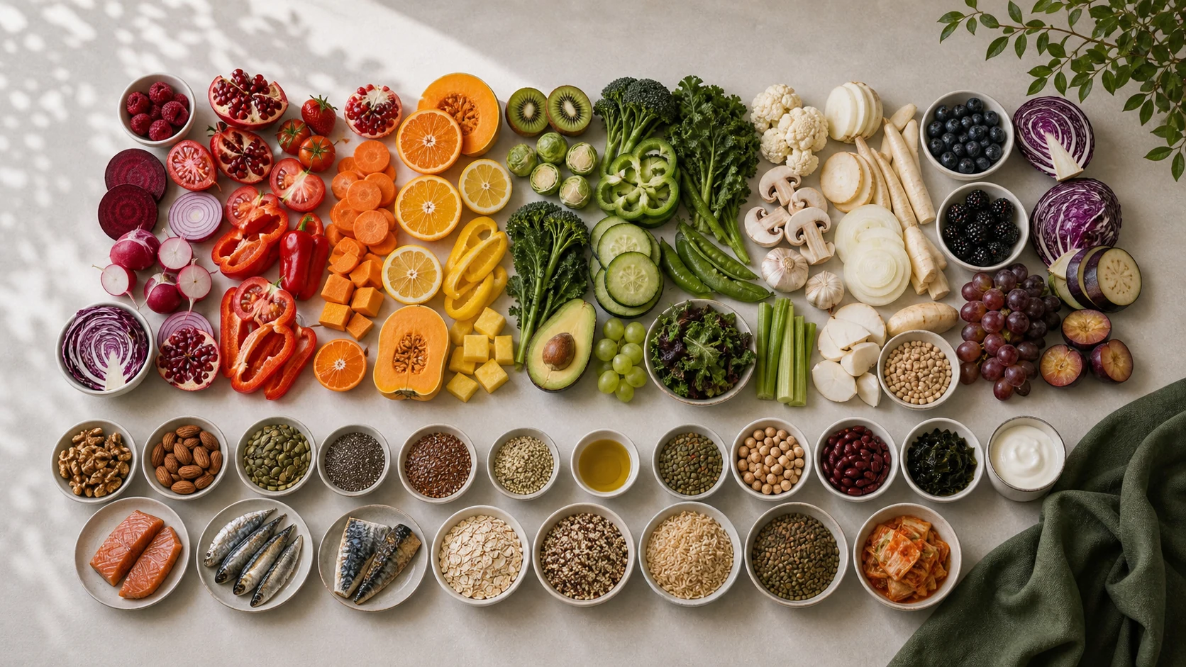 A week of varied eating as real food: a rainbow of fruits and vegetables across the top, and a row of fish, nuts, seeds, grains, legumes and fermented foods below.