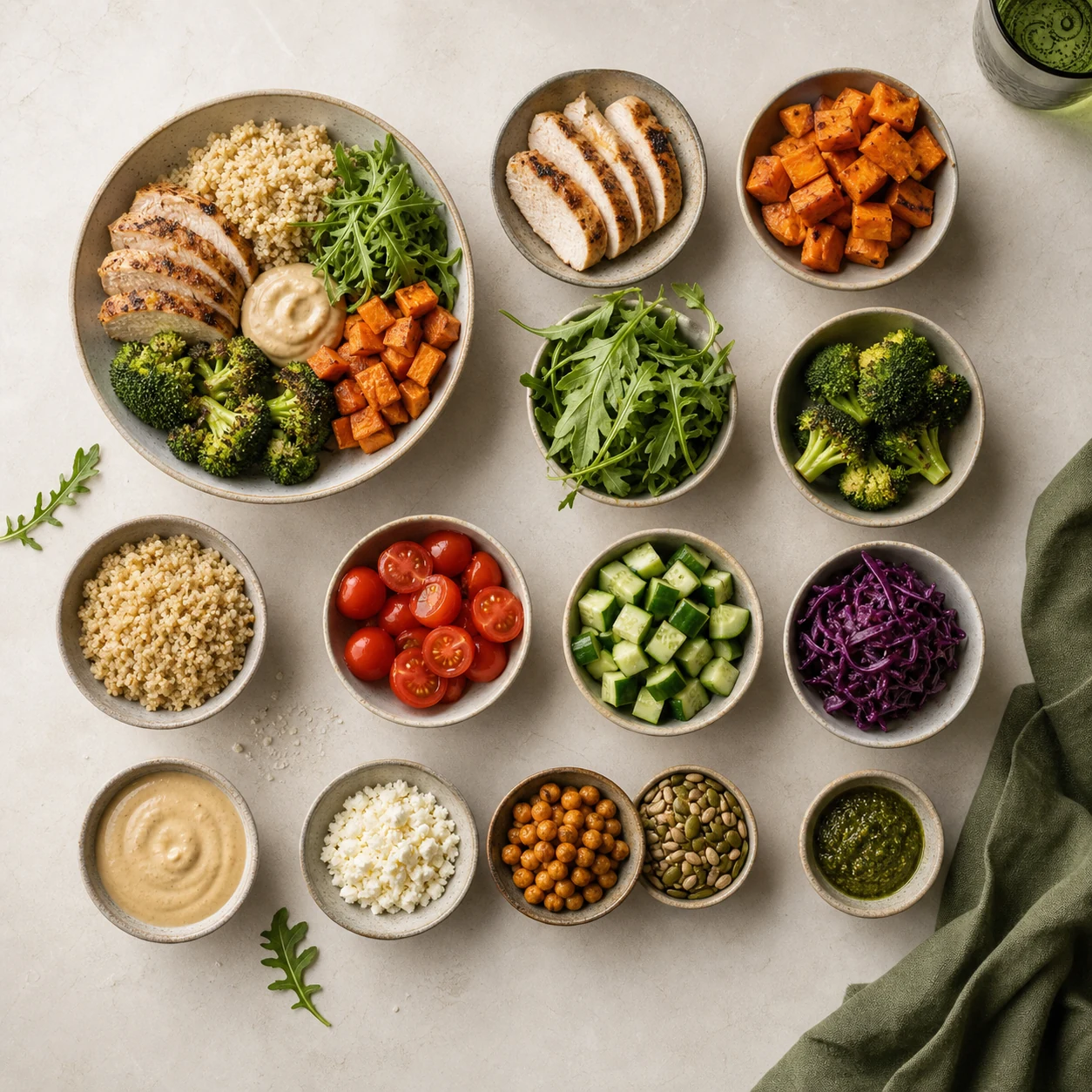 A dish broken down into its real, separate ingredients, like a mise en place