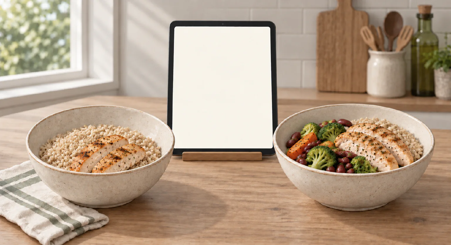 Zwei ähnlich große Portionen Reis mit Hähnchen, dazwischen ein Tablet. In der zweiten Schale ist ein Teil des Reises durch Gemüse und rote Bohnen ersetzt.