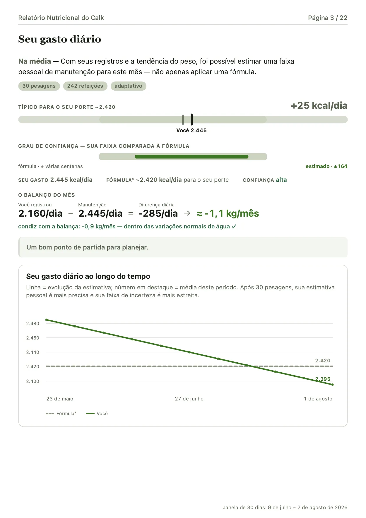 A página de gasto diário, com uma estimativa pessoal de manutenção, seu intervalo de incerteza, a estimativa por fórmula e o equilíbrio entre o consumo registrado e a manutenção.