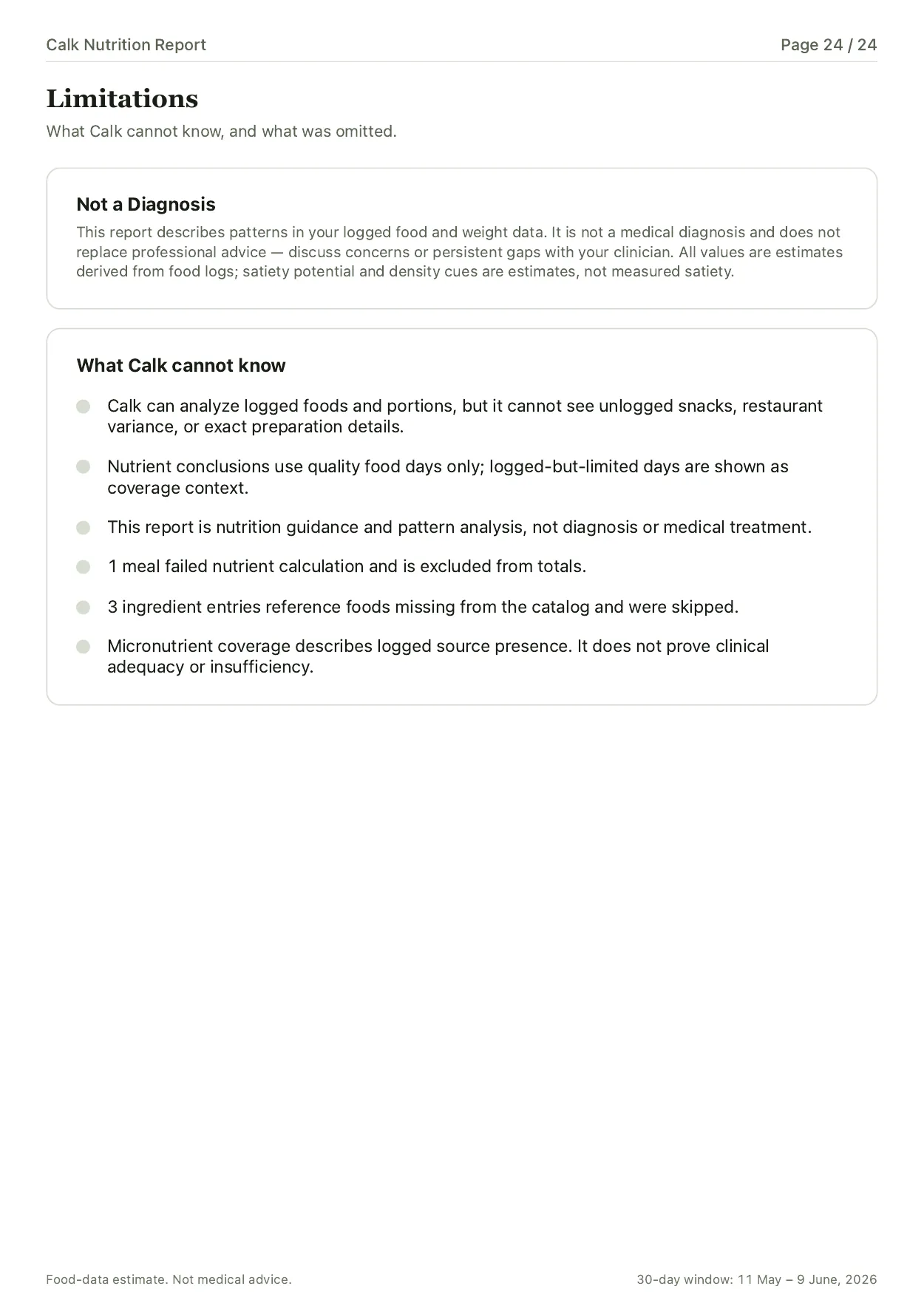 The limitations page of a Calk Nutrition Report, explaining what the report cannot determine and which sections could not be calculated.