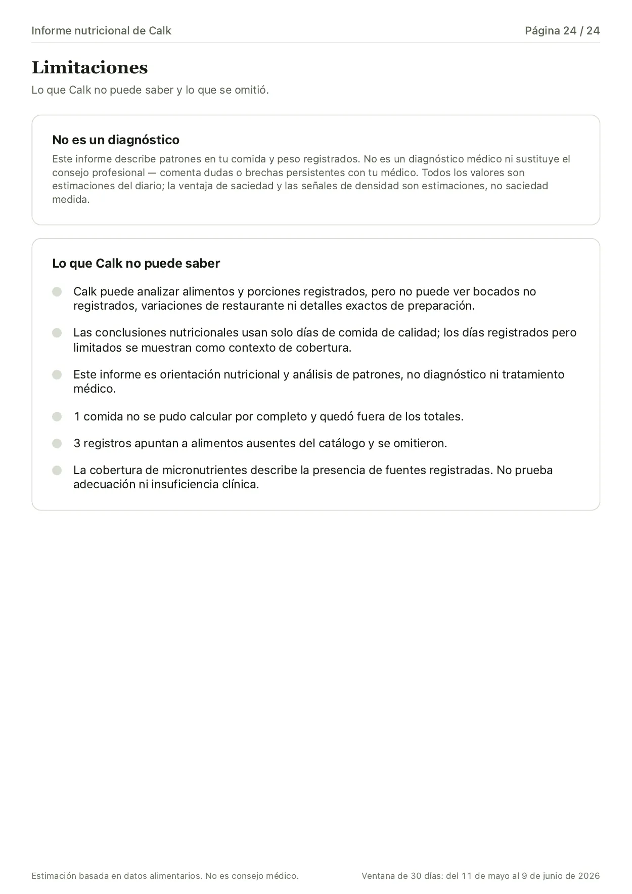 Página de limitaciones del Informe nutricional de Calk, con lo que el informe no puede determinar y los apartados que no pudieron calcularse.