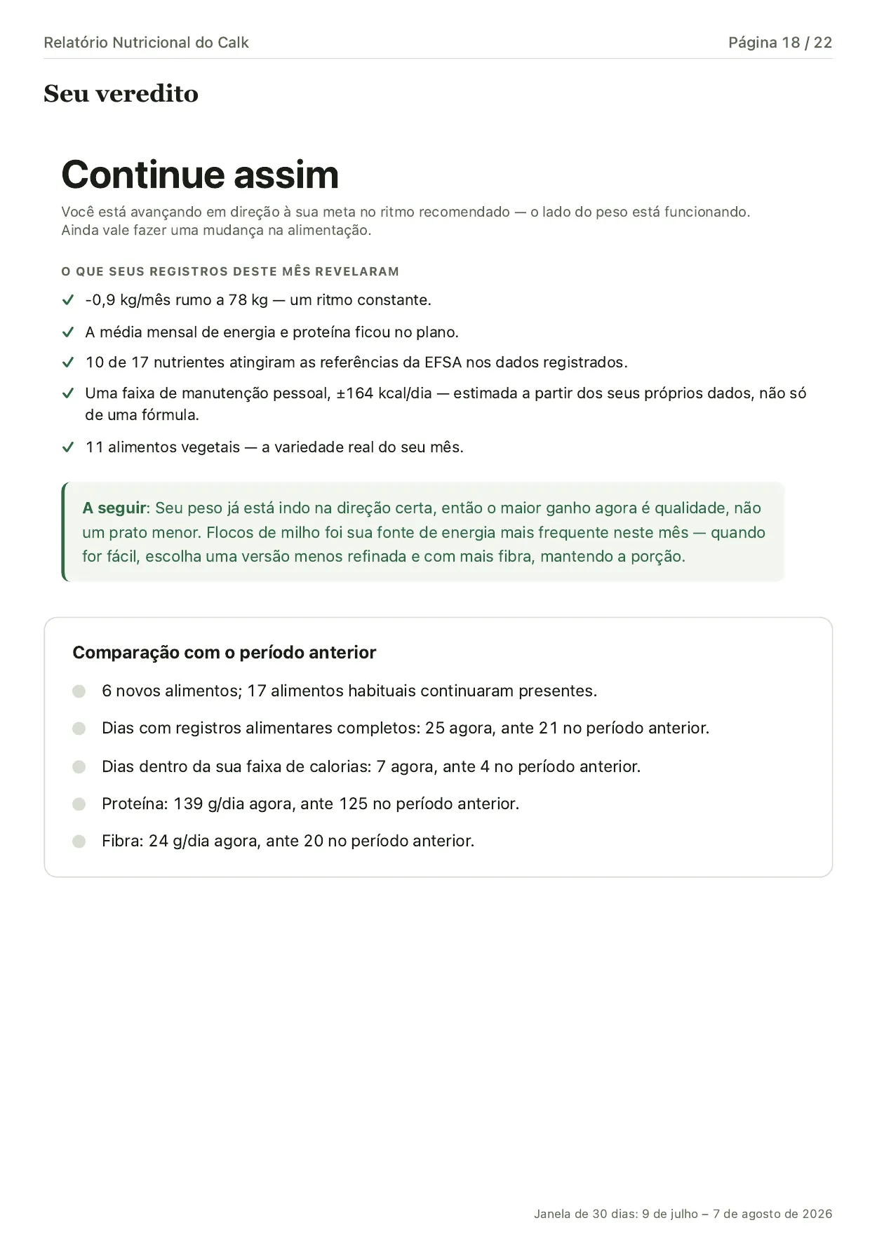 A página de veredito, com a conclusão “Continue assim”, as evidências por trás dela, uma comparação com o período anterior e um próximo passo.